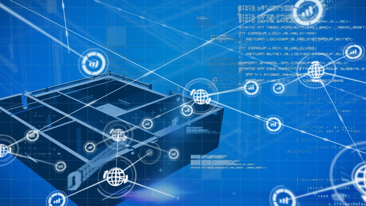 연결된 아이콘, 바이너리 코드 및 컴퓨터 언어의 애니메이션 3d 집 모델