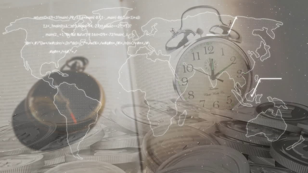 анимация обработки данных и карты мира через часы и книги