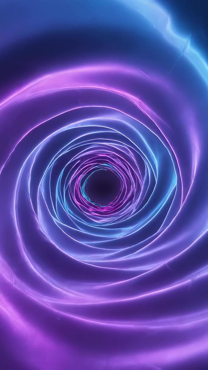 Vertical video: Playback starting, neon ribbons spiraling inward into black void, forming vortex