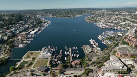 high up aerial view of lake union with all of seattle's busy shoreline surrounding it