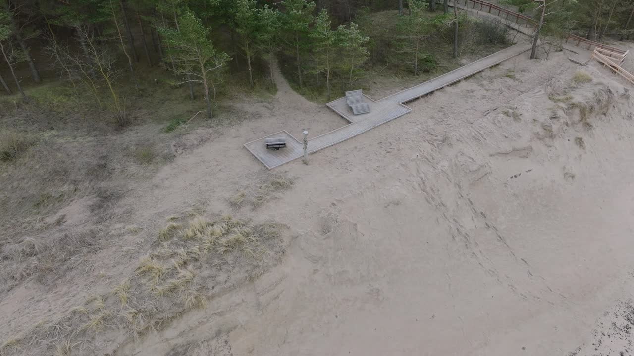 hermosa vista aérea que establece la vista de pájaro de la costa del mar báltico, día de invierno nublado, playa tranquila con arena blanca, bosque de pinos, erosión costera, cambios climáticos, gran tiro de drones retrocediendo