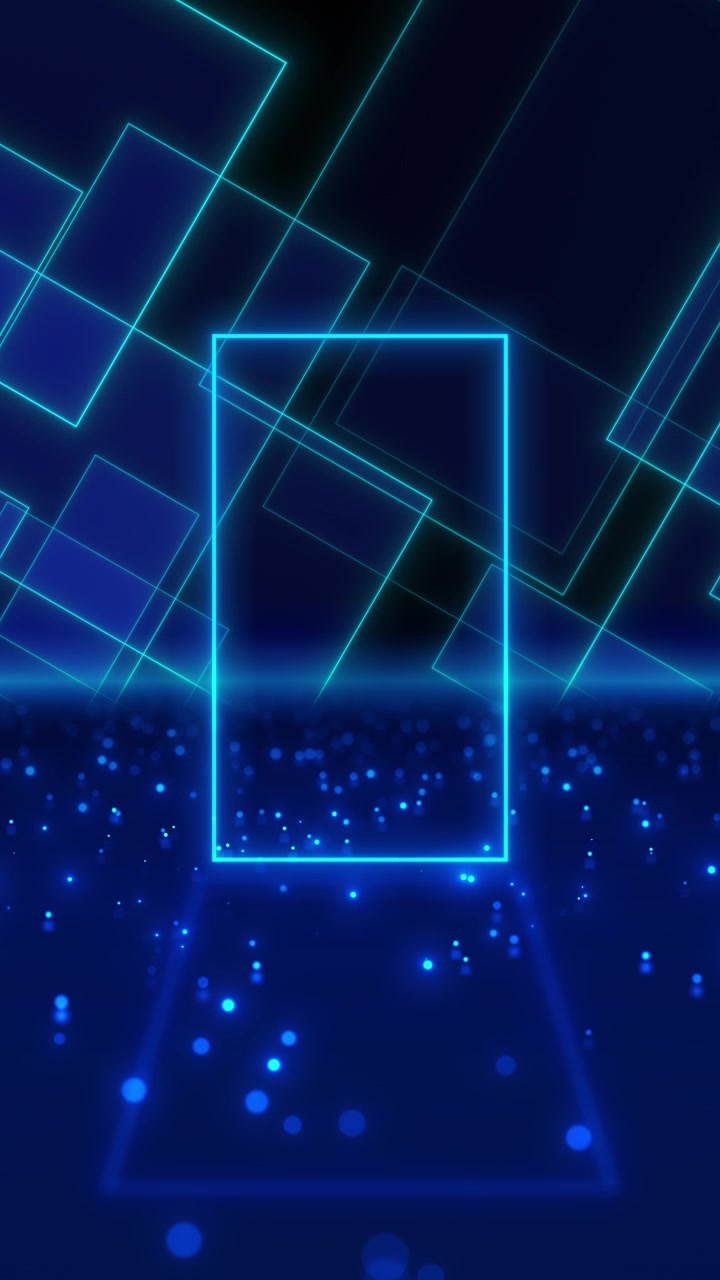 Blue neon rectangle portal background geometric lines glowing floor particles title animations