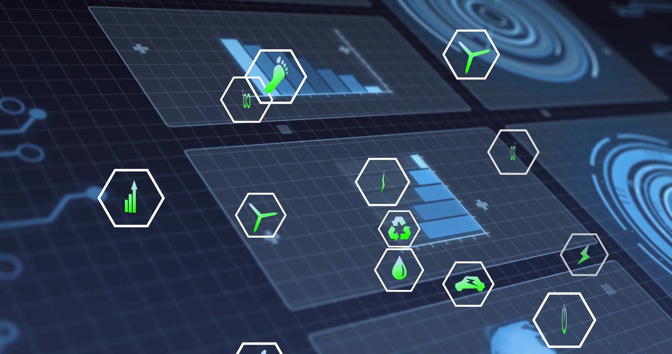 On startup hex icons fading in and floating above panels while bars filling visualizing metrics