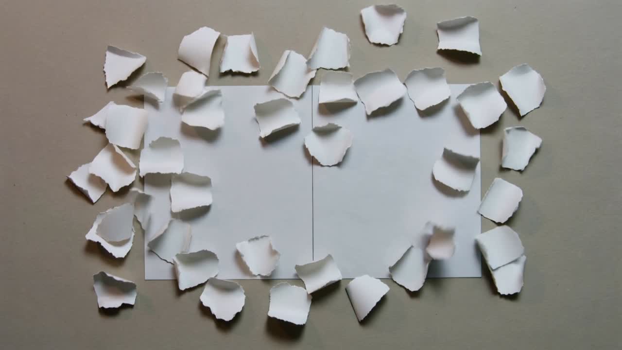 Advancing frames showing torn fragments building border on two white sheets on beige table, seam