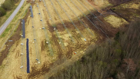 panoramic aerial overview of metal frames for solar panels at energy site
