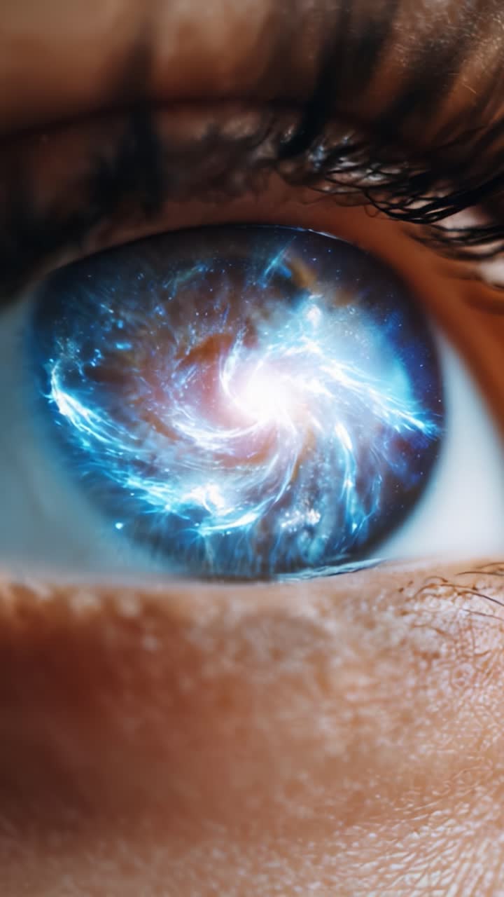 Una visione cosmica: un occhio cattura la vastità dello spazio, mostrando una splendida galassia all'interno dell'iride, unendo l'umanità e l'universo con dettagli incredibili