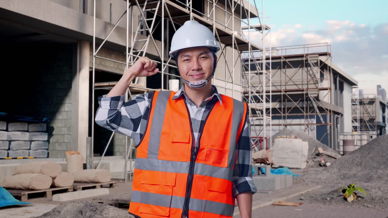 Asian Male Engineer With Safety Helmet Flexing His Bicep And Smiling To Camera While Standing At Building & Construction Site in Progress to New House