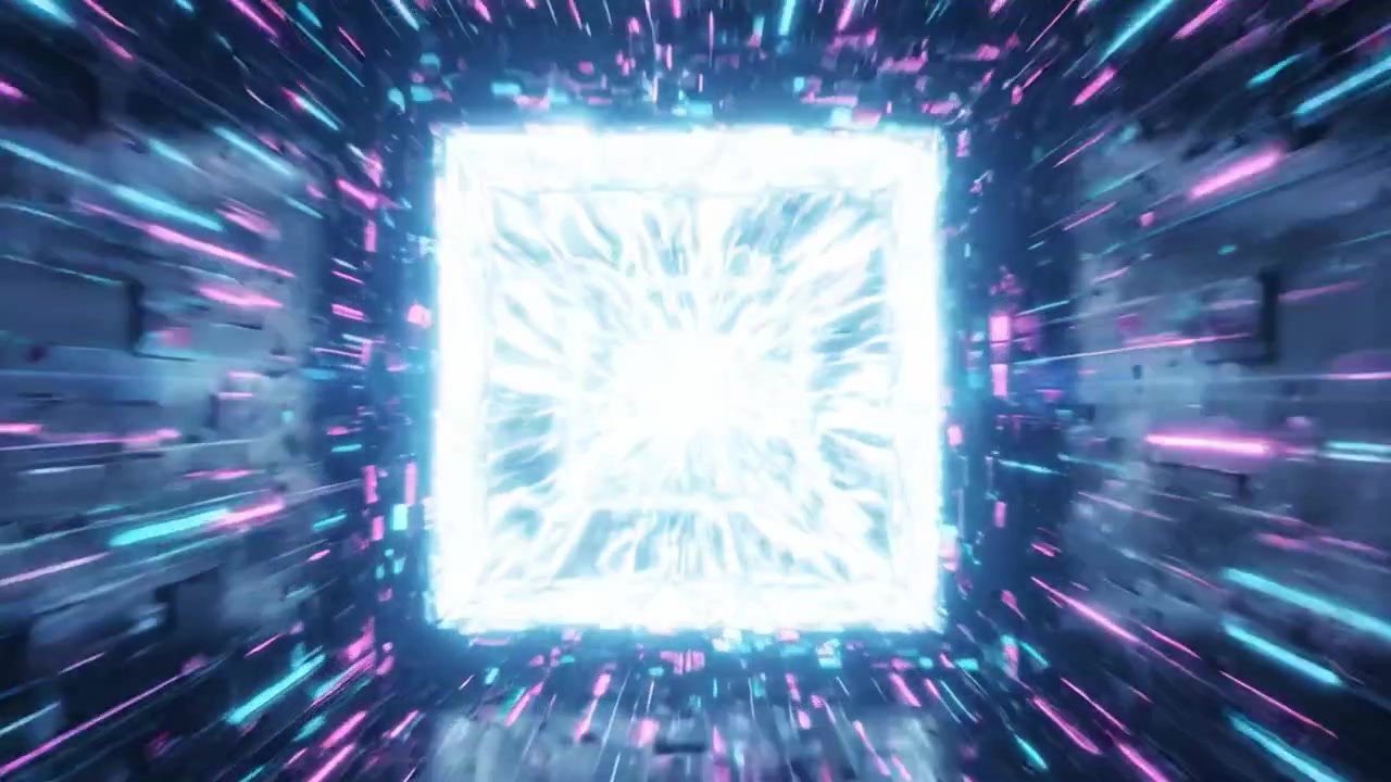 A Futuristic Tunnel of Light: Exploring the Dynamic and Transformative Journey Through a Vivid Portal of Neon Colors and Pulsating Particles