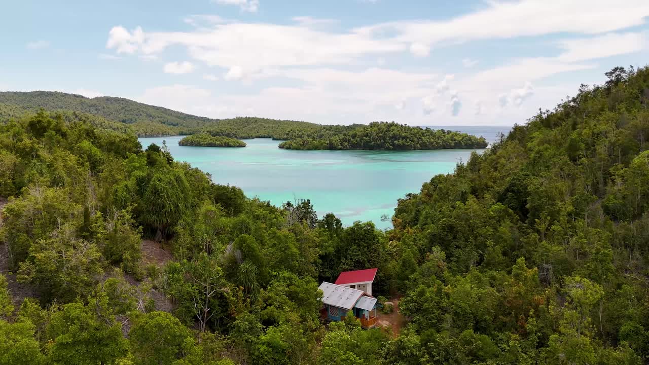 4K drone video flying over a jungle out towards a blue ocean in the Banggai Islands in Sulawesi, Indonesia. You can see tropical islands in the distance