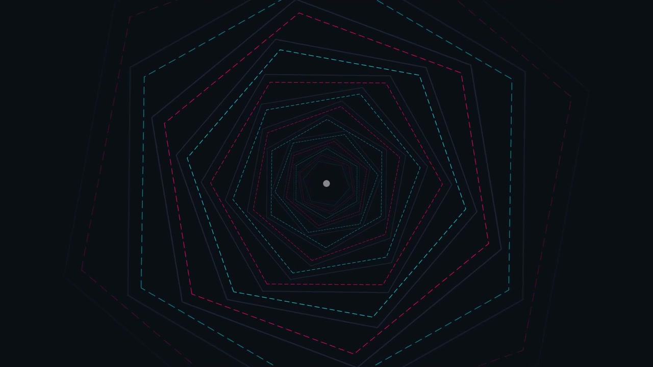 Abstract Geometric Tunnel of Rotating Dashed Pentagons