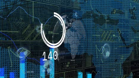 animation of interface with statistical and stock market data processing over globe and world map