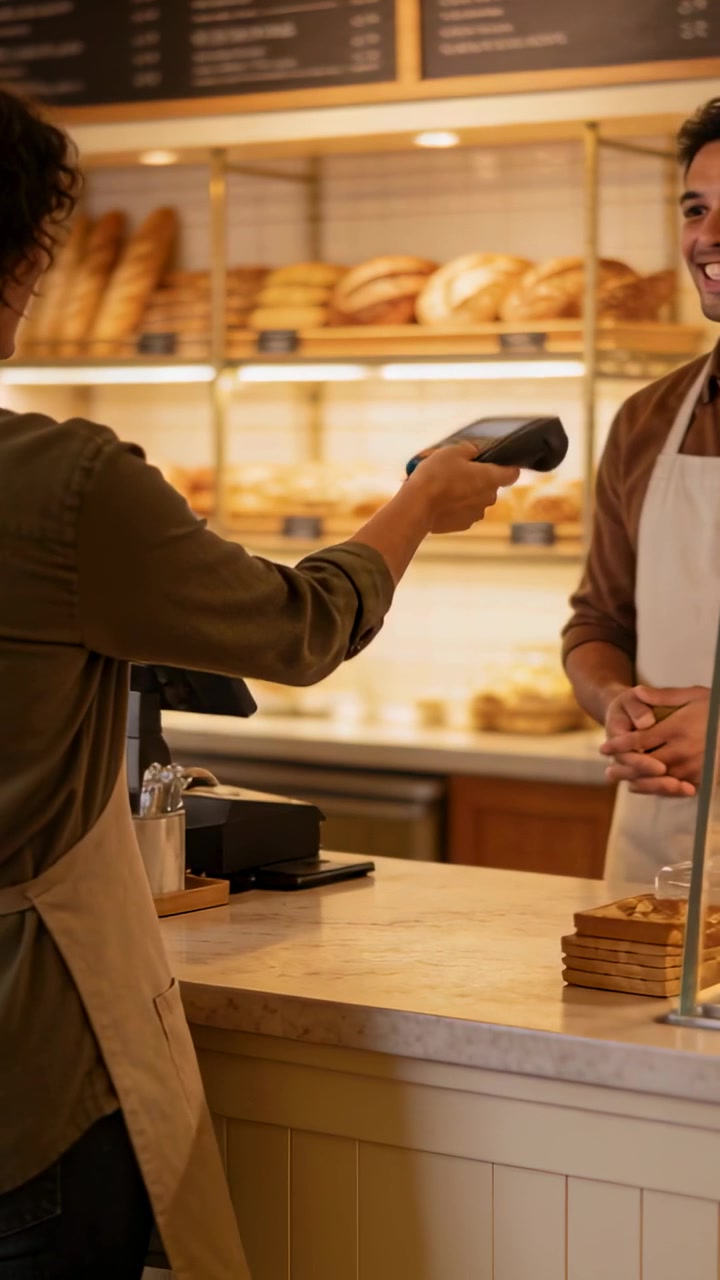 Video verticale: Passaggio del POS, donna che porge il terminale a un uomo in grembiule in panetteria che paga il pane.