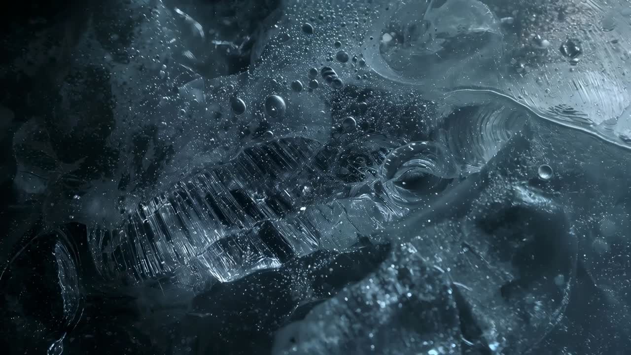 Primo piano macro di blocco di ghiaccio incrinato sotto una luce soffusa, bolle che salgono e strati che si rivelano