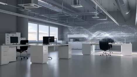 modern office space with digital data wave display