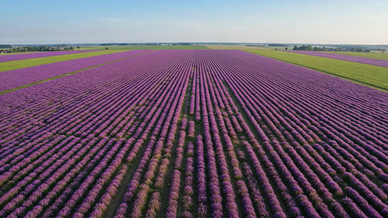 Aerial View of Vast Lavender Fields: A Stunning Display of Purple Blooms Stretching Across the Landscape Under Clear Blue Skies