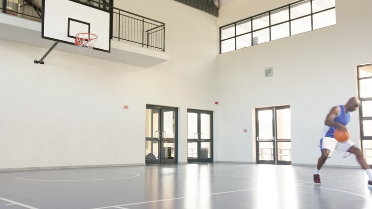 Atleta arremessando a bola de basquete no ginásio, focando em aperfeiçoar a técnica de arremesso em suspensão.