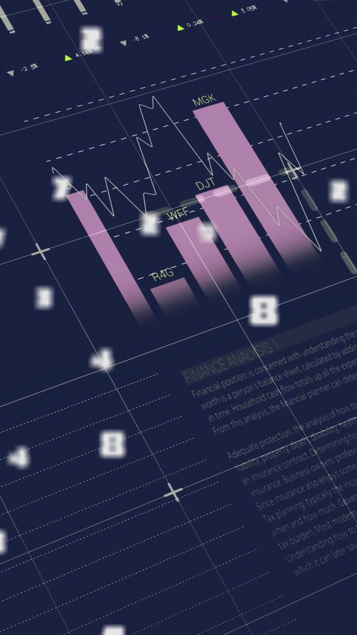 Animation of statistics and data processing on black background