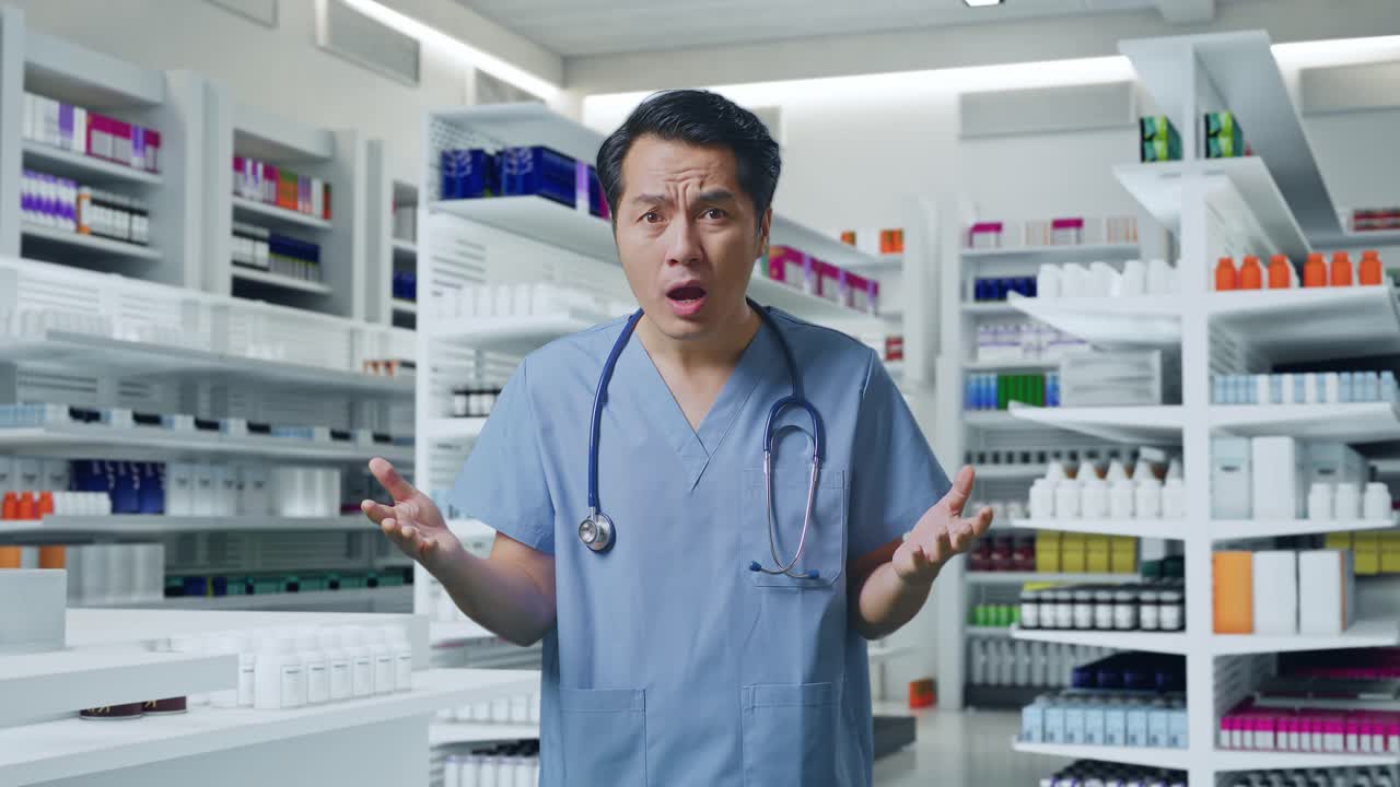 스테토스코프를 들고 있는 아시아 남성 의사 는 당황 한 몸짓 을 하고 약국 에서 무슨 일 을 하고 있는지 말 하고 있다