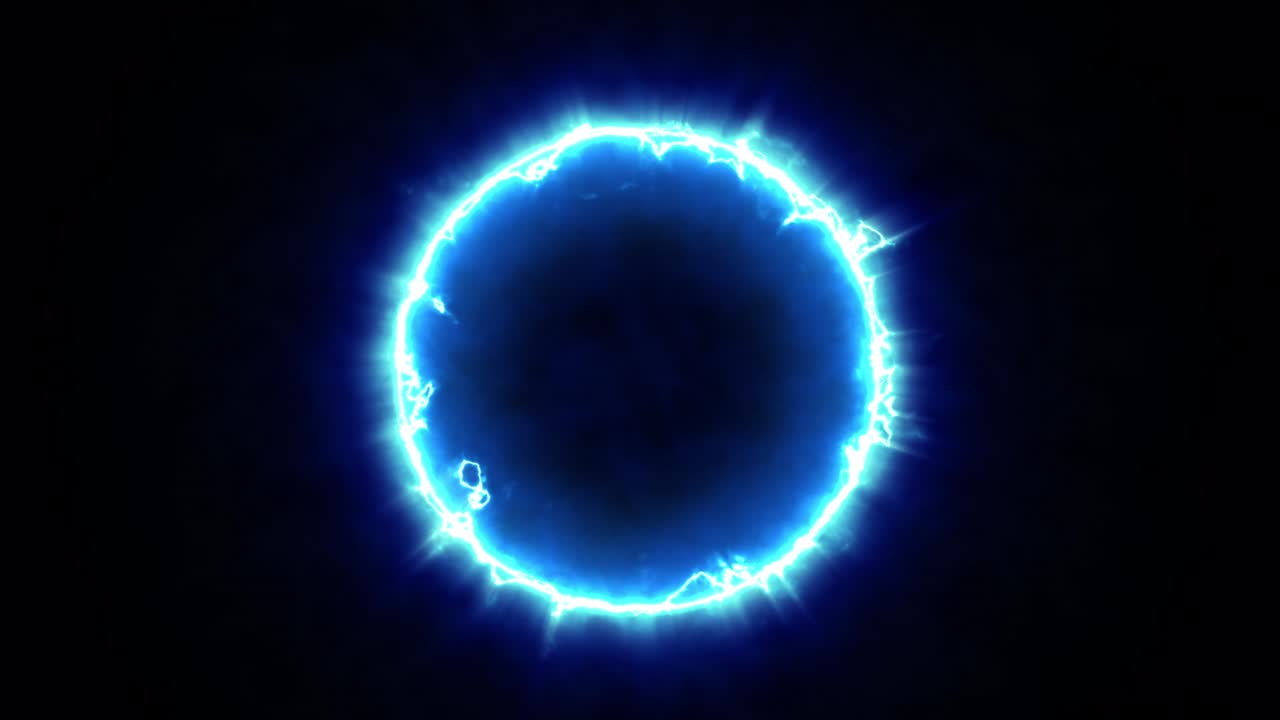 Abstract fast power blue energy circle on black background. Fantasy electric portal door or futuristic teleport. 3d animation. Flowing shine lightning hole. Round shape light element.
