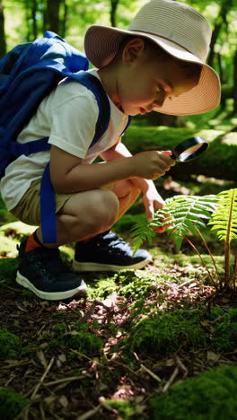 child's nature exploration with magnifying glass in forest