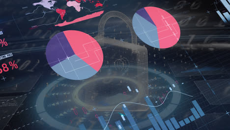 animation of globe with statistics and data processing over cityscape