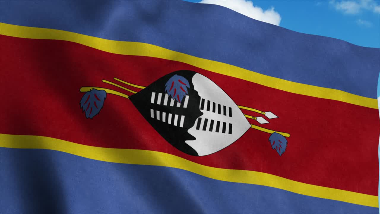 la bandera de eswatini ondeando en el viento, el fondo del cielo azul. 4k