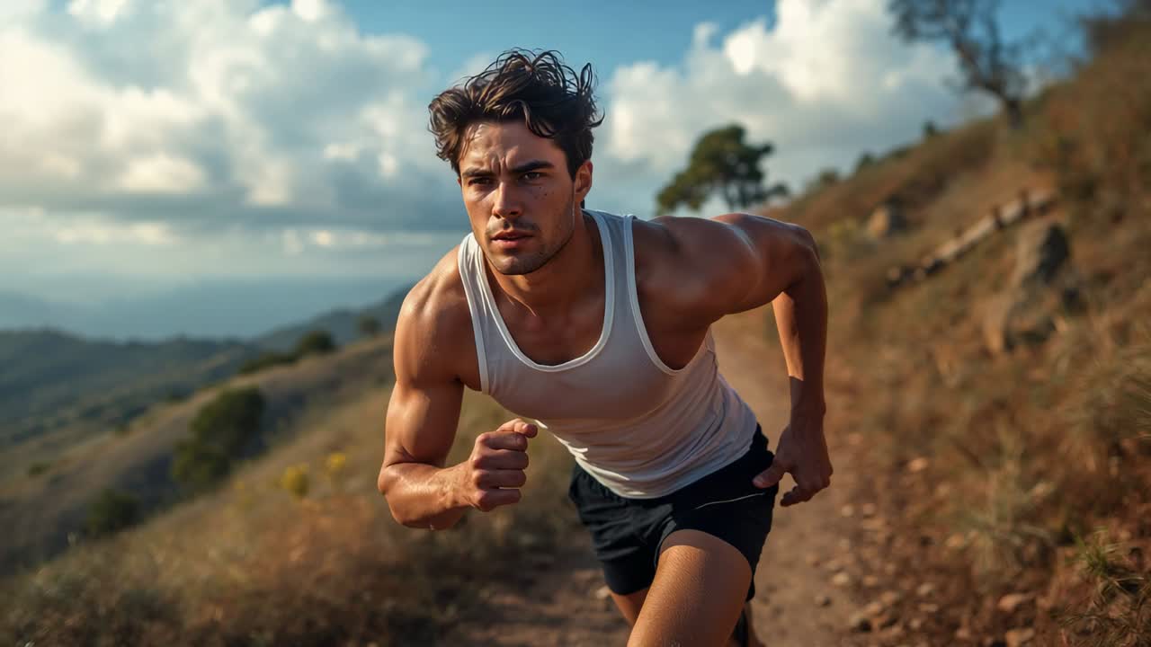 Tracking shot, male runner in white tank, black shorts sprinting uphill on hillside trail, training
