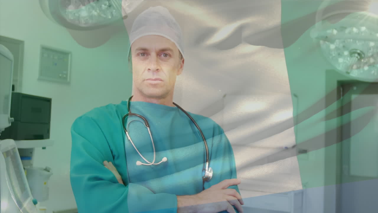 animación de la bandera de nigeria ondeando sobre los cirujanos en el quirófano