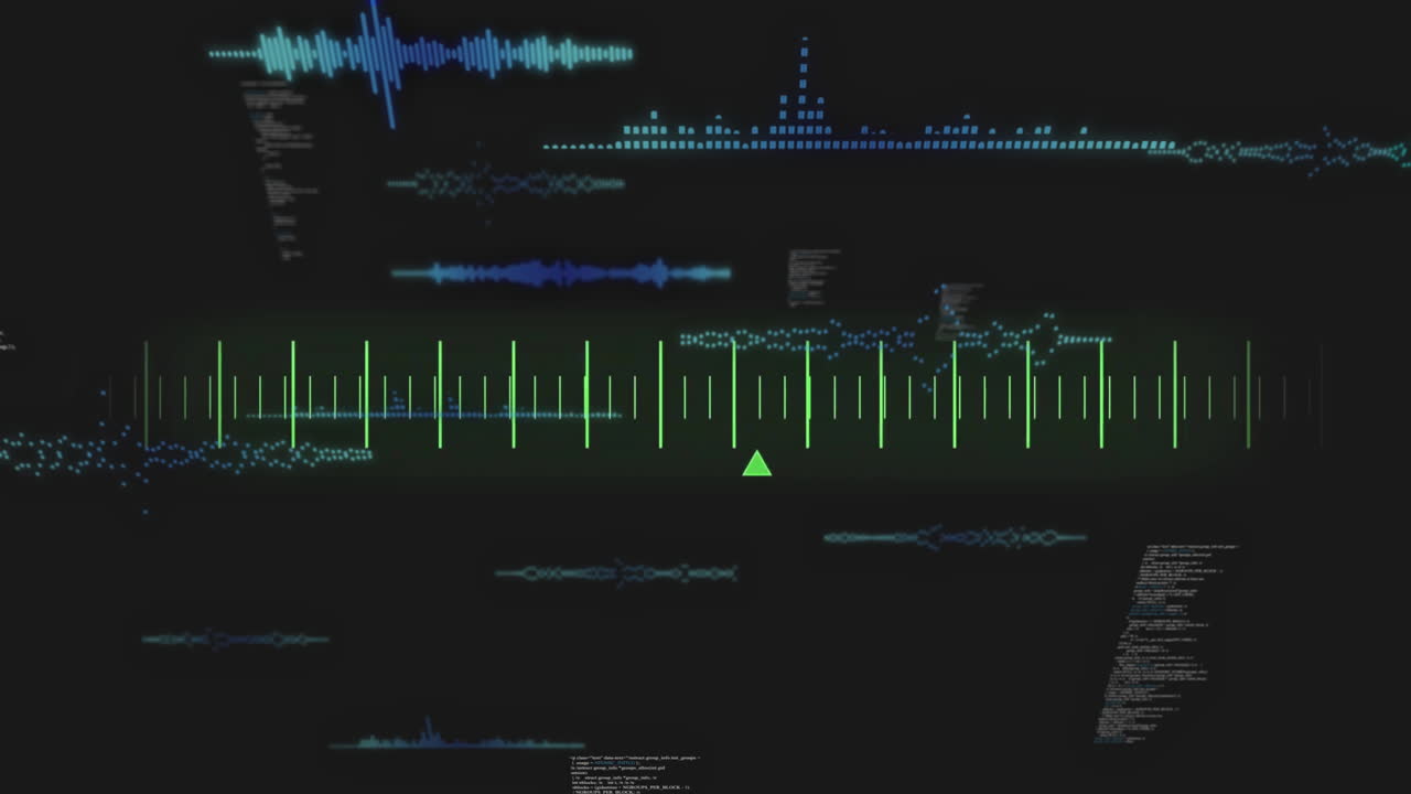Sound waves and frequency bars animation over dark background