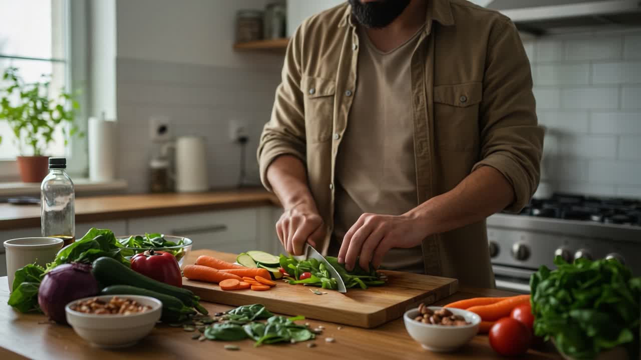 Una persona taglia abilmente verdure fresche in una cucina moderna, promuovendo una cucina sana e la creatività culinaria con ingredienti colorati e un'atmosfera accogliente