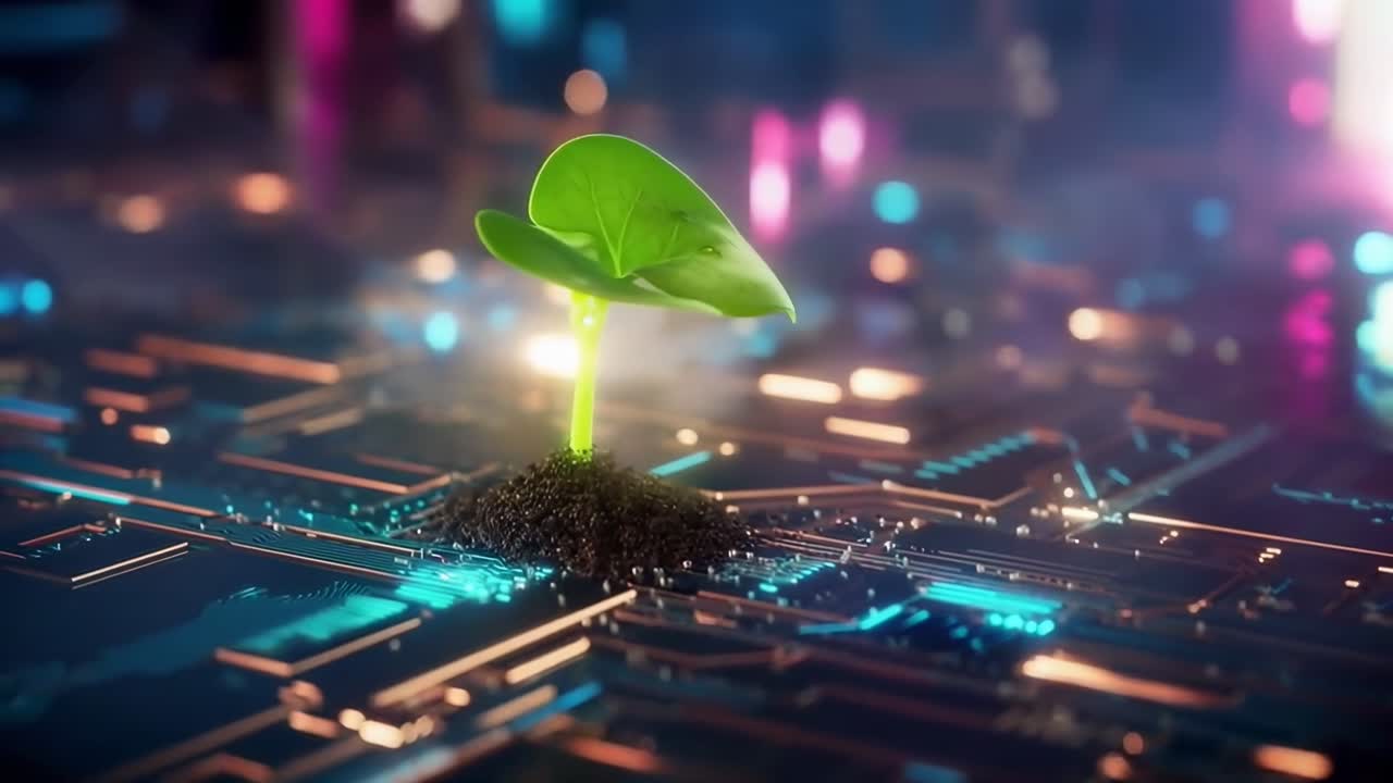 A futuristic video concept of a sprout on a circuit board, captured from a low angle