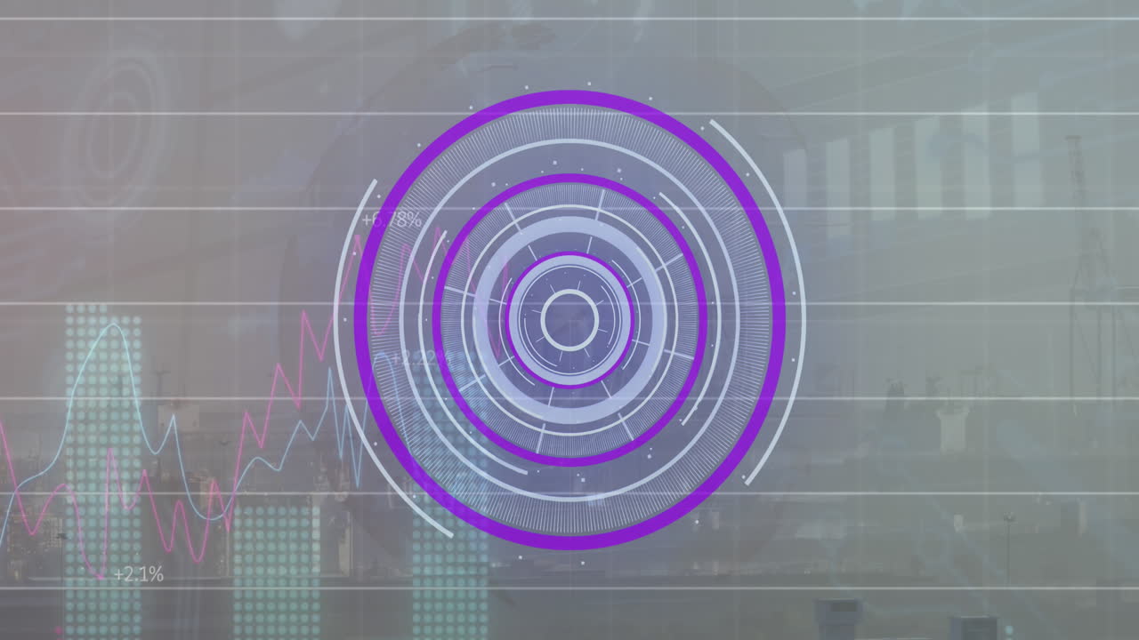 Animation of scope scanning and data processing over cityscape