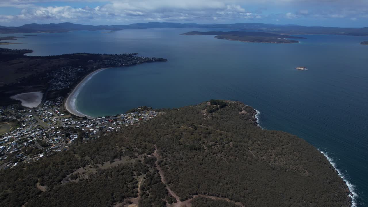 Panoramic View Over Carlton Beach And Surrounding Nature Reserve In Tasmania, Australia - Drone Shot