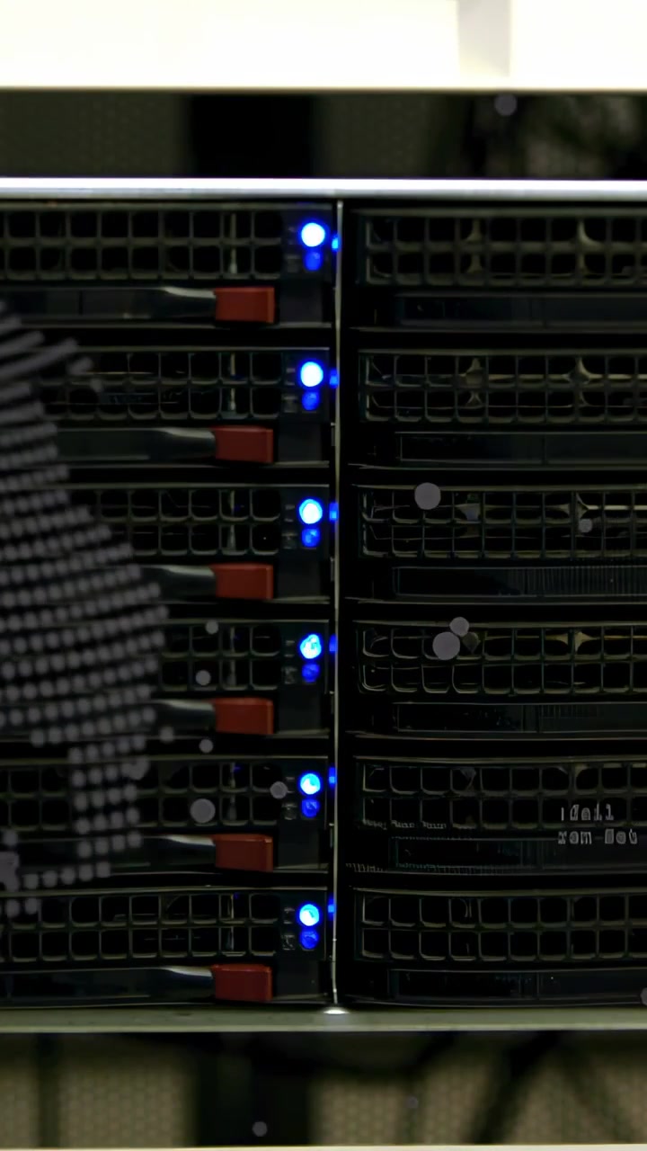 Vertikales Video: Rack-Front enthüllt Einschübe, Punkt-Globus-Overlay driftet, pulsierende LEDs zeigen Aktivität