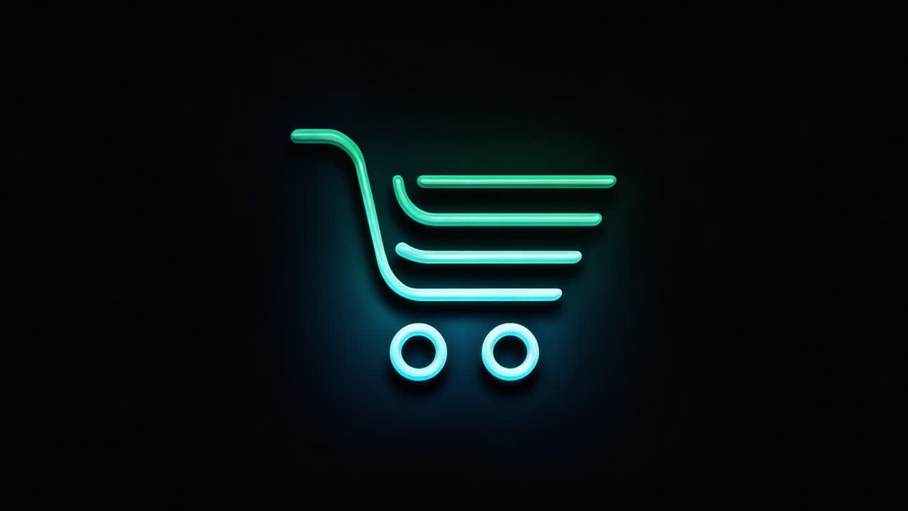 Un elegante y moderno icono de carrito de compras de neón iluminado sobre un fondo oscuro, que representa las compras en línea y las experiencias minoristas en la era digital.