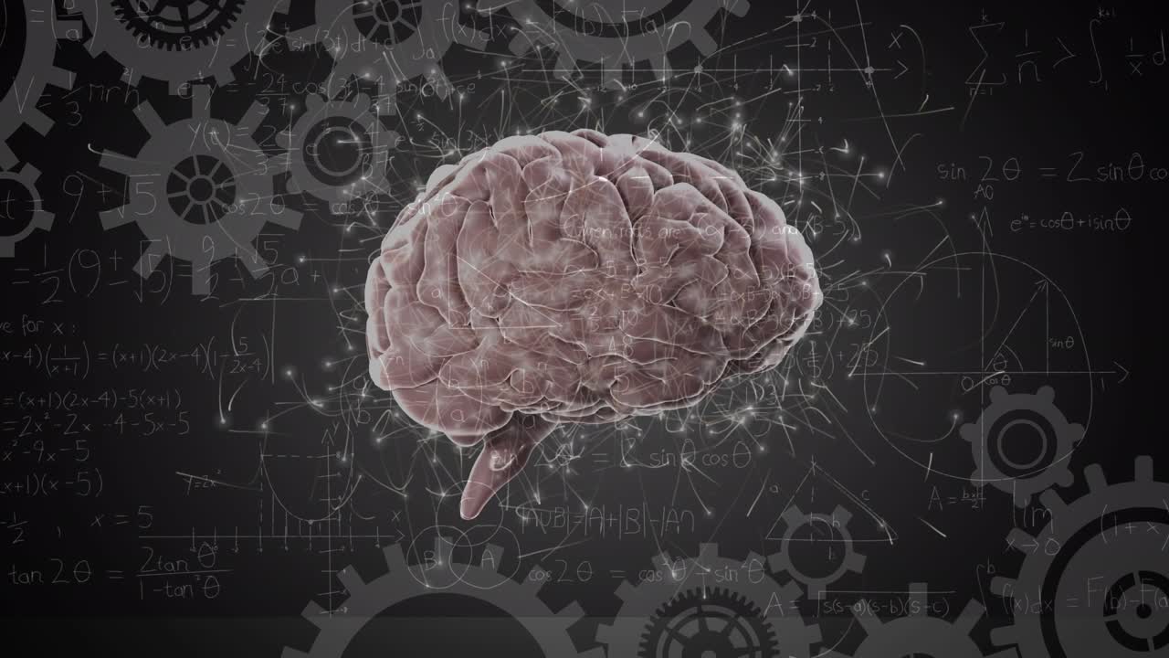 Animazione di equazioni matematiche su ingranaggi e cervello