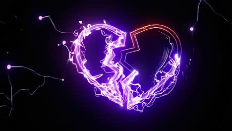 Electric heart symbol breaking, glowing and pulsing with vibrant energy, radiating emotional intensity through flowing particles against dark background, shifting colorful dynamics