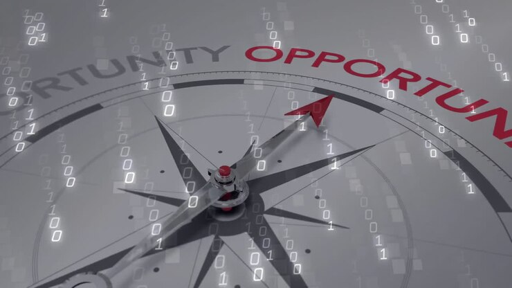 Animation of data processing over compass with texts on white background