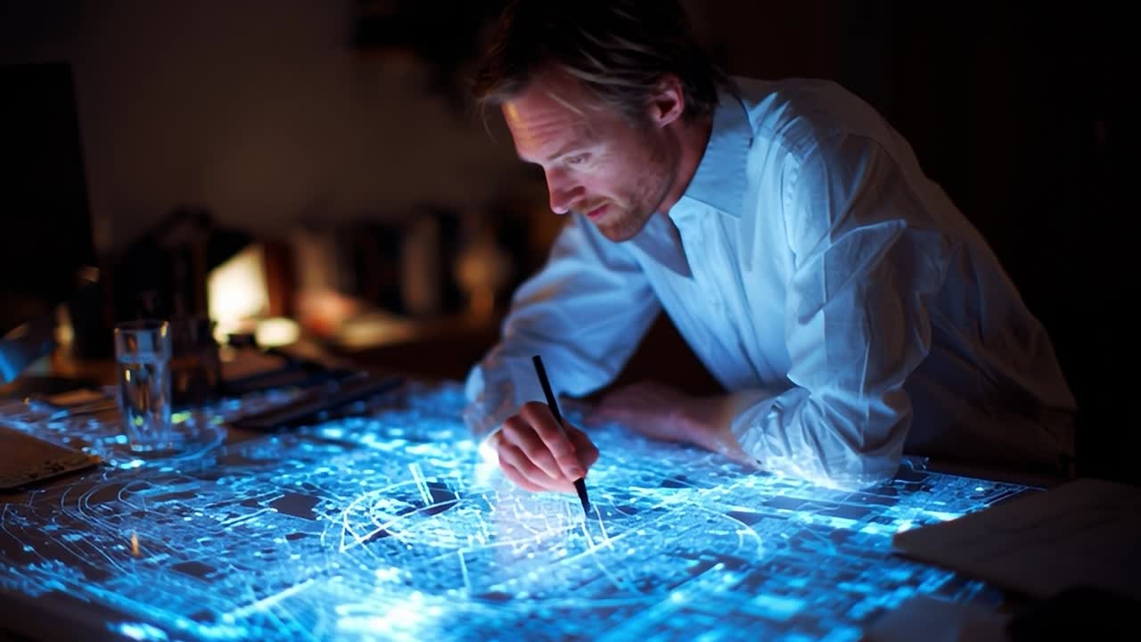 Creazione di mappe digitali in un'area di lavoro moderna di notte
