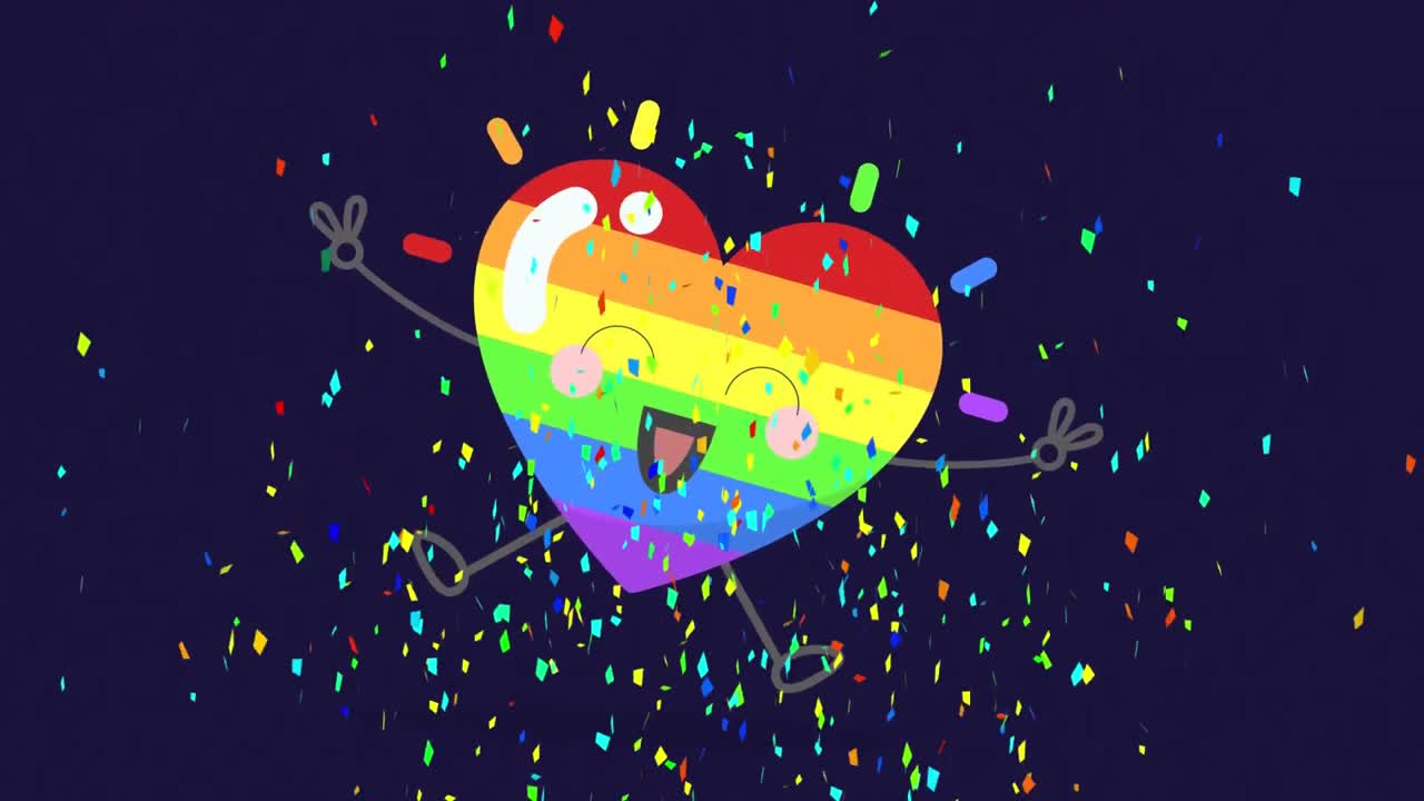웃는 무지개로 가득 찬 심장 모양의 애니메이션과 검은색에 떨어지는 콘페티