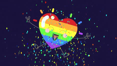 Animation-of-smiling-rainbow-filled-heart-shape-and-falling-confetti-on-black