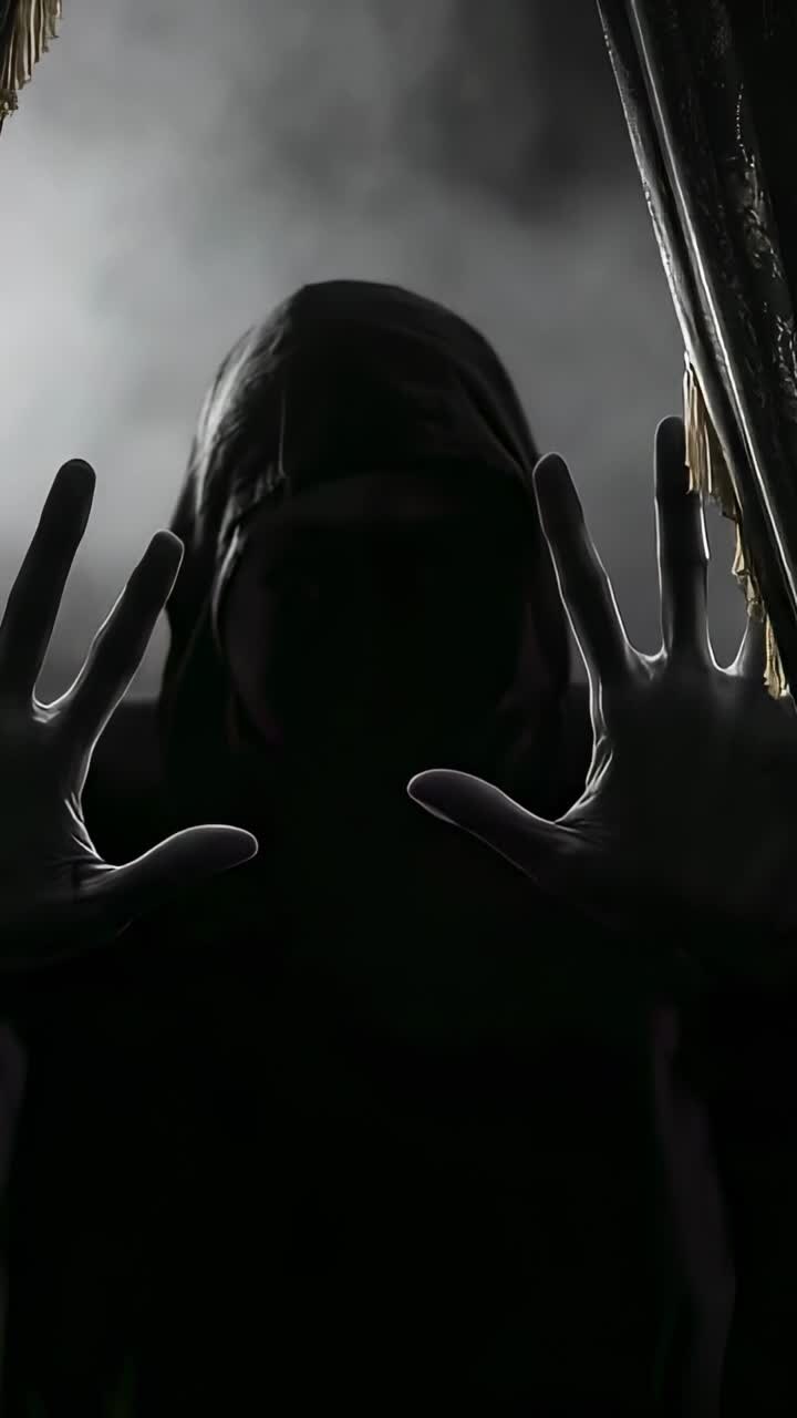 Vertical video: Emerging hooded man pressing hands on glass door by drapes, seeking entry