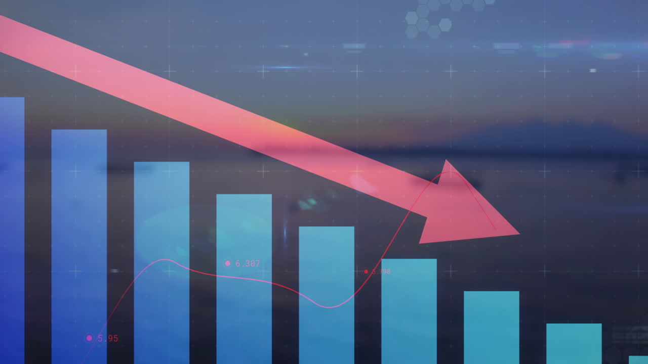 하늘을 상대로 바다 위에 렌즈 플레어와 함께 떨어지는 바 그래프에 화살표의 애니메이션