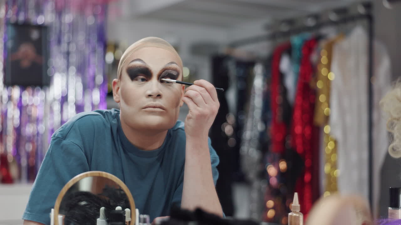 Drag queen applying makeup in dressing room