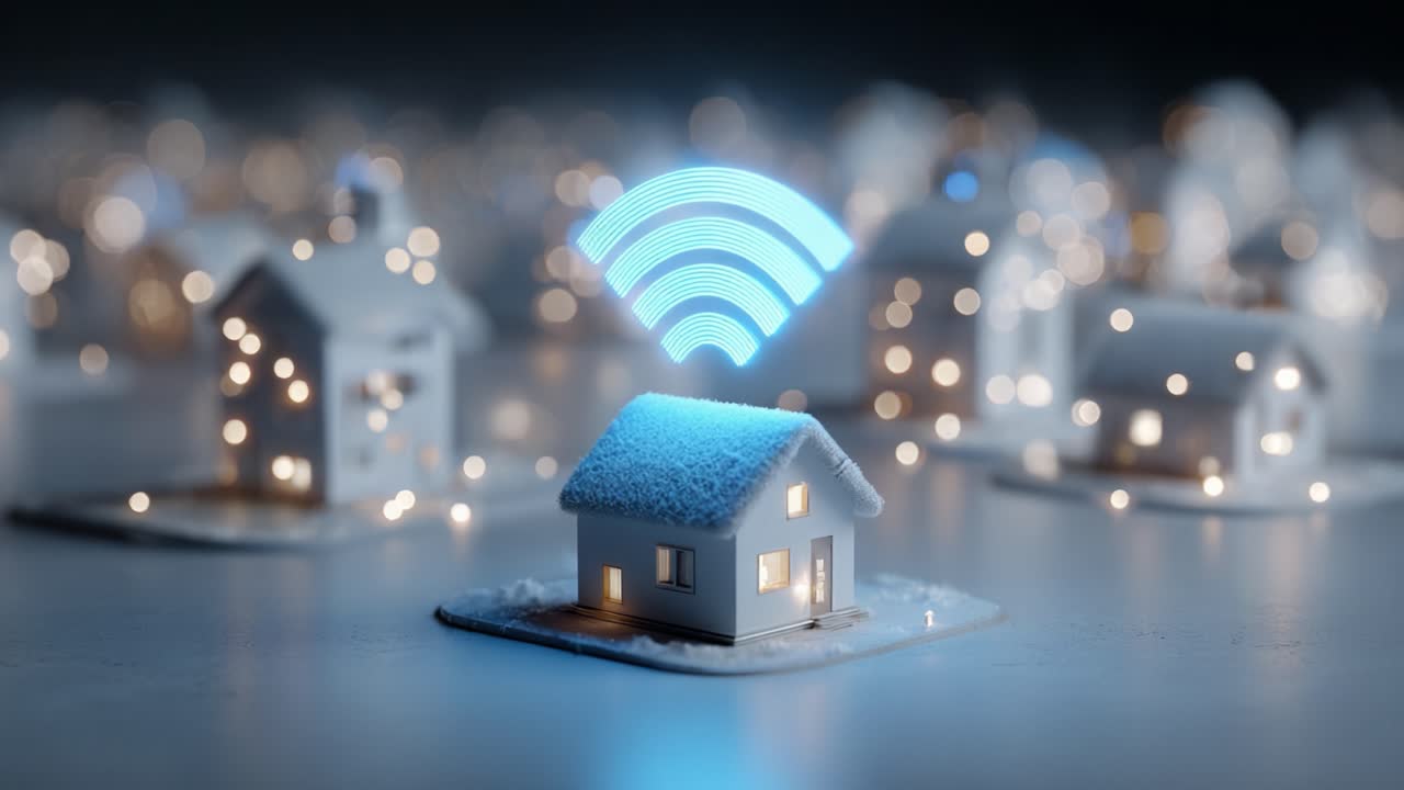 Digital Connectivity Showcased in a Winter Wonderland: Smart Homes with Wi-Fi Signals Glowing Amongst a Snow-Covered Village, Highlighting Modern Living Innovations