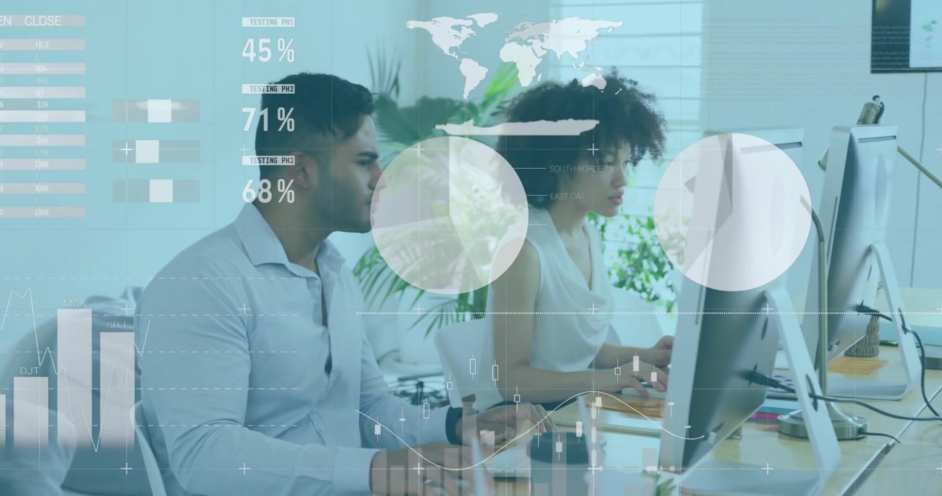Animation of statistical data processing over diverse man and woman using laptop working at office