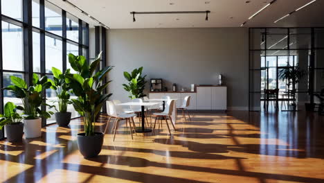 modern office breakroom with natural light and plants