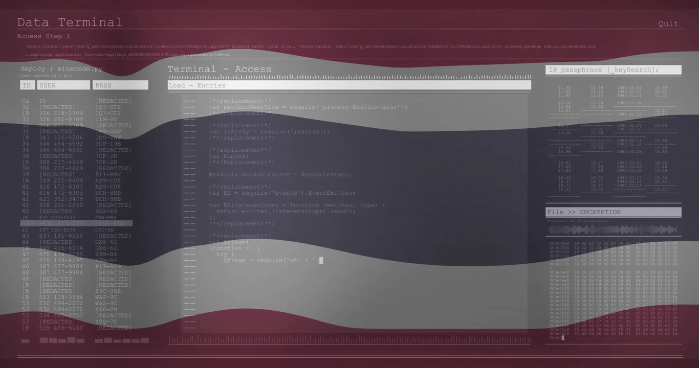 Animated flag waving then terminal window fading in while code loading for secure access simulation