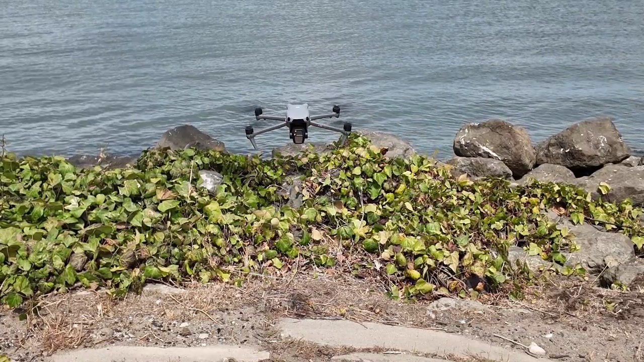 Moderno drone quadricottero con telecamera che decolla da una costa rocciosa e vegetata durante una giornata di sole, mostrando l'avanzata tecnologia dei veicoli aerei senza pilota utilizzata per il volo e la fotografia.
