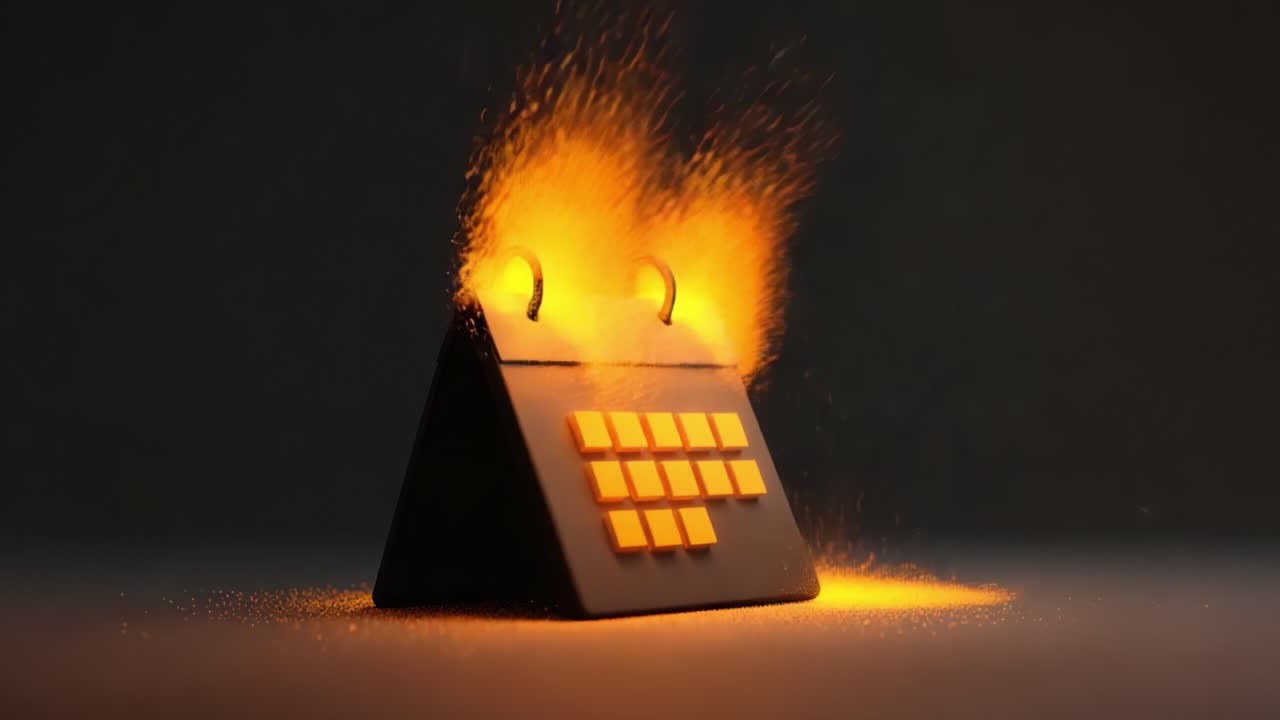 Innovative Desk Calendar with Vibrant Orange Accents and Sparkling Effects, Surrounded by a Dark Background, Showcasing a Unique Design and Contemporary Aesthetic Approach